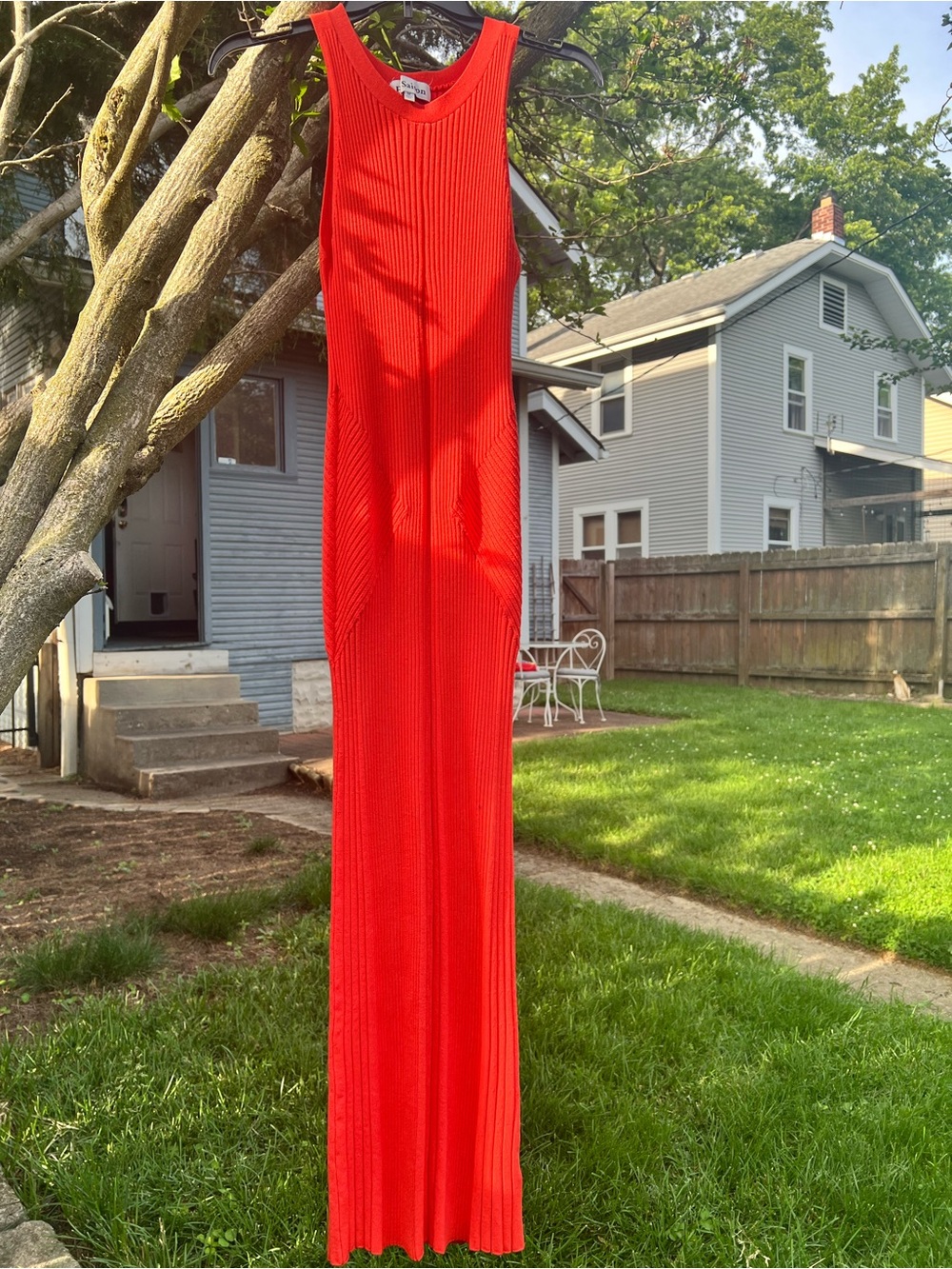 En Saison Tera Tomato Red Orange Maxi Midi Dress Sleeveless M Knit Bodycon racer
